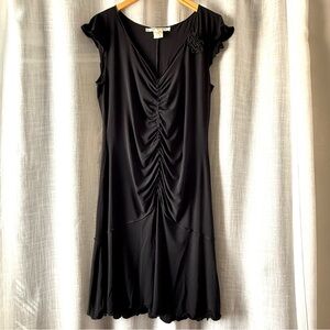 Max Studio Black Ruched V‑Neck Midi Dress